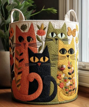 Botanical Cats Quilted Laundry Hamper - Stylish Cat & Botanical Print Foldable Fabric Laundry Basket, Durable & Easy-Care