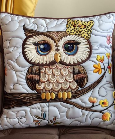 Bowtie Owl Quilted Pillowcase — Dapper Owl Design Quilted Decorative Pillow Cover With Modern Vintage Charm For Living Room Accents