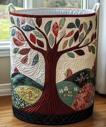 Premium Quilted Laundry Hamper - Branch Harmony Design , Collapsible Decorative Laundry Basket With Sturdy Handles For Home