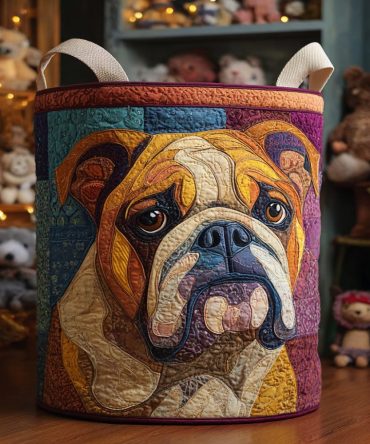 Brave Bulldog Quilted Laundry Hamper – Patriotic Pet-Themed Foldable Laundry Basket With Washable Liner, Reinforced Base & Carry Handles