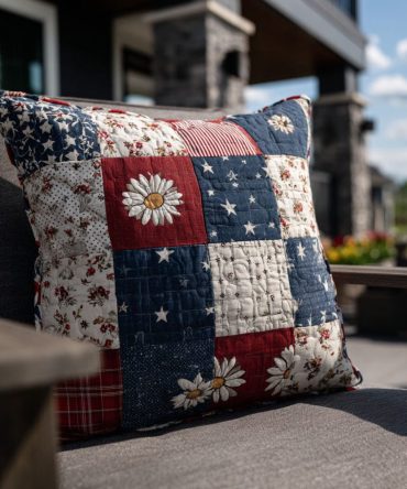 Brave Nation Patchwork Quilted Pillow Cover — Patriotic Patch Throw Pillow Sham For Living Room, Porch & Memorial Celebrations (Durable)