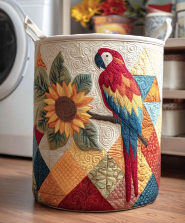 Bright Beak Quilted Fabric Hamper — Vibrant Bird Print Laundry Organizer, Collapsible Storage Bin With Handles For Home & Kids