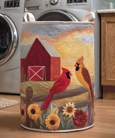 Bright Cardinal Quilted Laundry Hamper — Vibrant Red Bird Storage Basket, Foldable Decorative Hamper With Sturdy Handles & Easy-Clean Liner