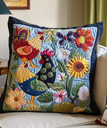 Bright Chickens Quilted Cushion Cover — Sunny Rooster & Hen Pillow Case, Bold Color Quilted Throw For Cheerful Home Styling