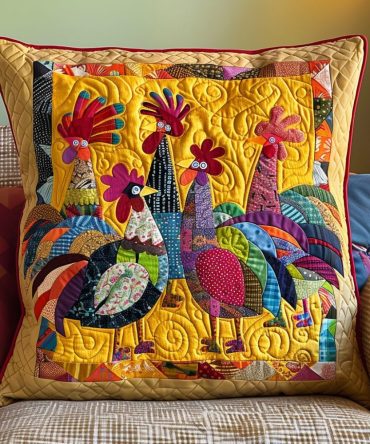 Bright Chicken Quilted Pillow Cover — Cheerful Farmhouse Accent, High-Quality Cotton Blend, Reversible, Machine Washable