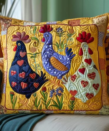 Sunlit Chickens Quilted Pillow Cover — Bright Farmhouse Accent, Textured Cotton Blend, Reversible, Machine-Washable