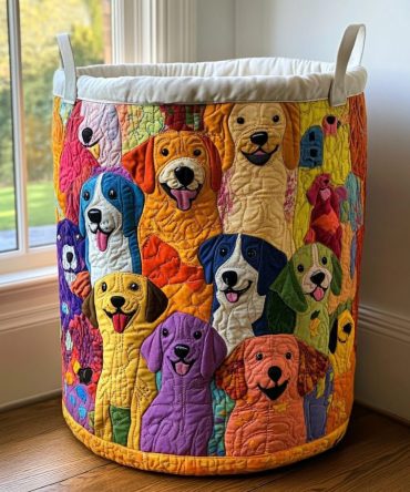 Bright Dogs Quilted Laundry Hamper - Cute Pet Print Fabric Storage Basket, Large Capacity Foldable Laundry Hamper For Kids & Pet Lovers