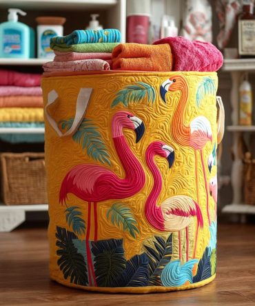 Bright Flamingo Quilted Fabric Laundry Hamper — Tropical Foldable Laundry Basket With Handles For Bedroom, Bathroom & Beach House