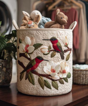 Bright Hummingbird Days Quilted Laundry Hamper - Vibrant Bird Print Foldable Fabric Basket With Handles For Garden-Themed Home Storage