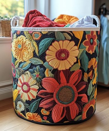 Bright Meadow Quilted Laundry Hamper — Vibrant Floral Fabric Basket, Spacious Collapsible Laundry Organizer For Home