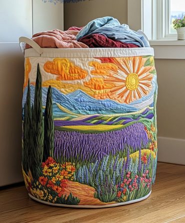 Bright Meadow Quilted Laundry Hamper — Vibrant Floral Fabric Basket, Quilted Laundry Organizer With Sturdy Base & Handles, Foldable Storage
