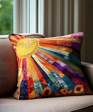 Bright Meadow Quilted Pillow Cover - Floral Botanical Decorative Throw Pillow Case, Soft Textured Cotton, Zipper Closure For Sofa & Bed