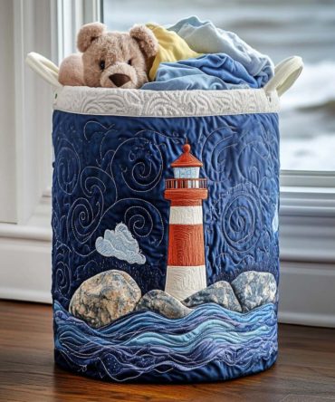 Bright Shoreline Beacon Quilted Laundry Basket — Vibrant Coastal Fabric Hamper, Foldable Laundry Bin For Beachy Bedrooms & Bathroom Storage