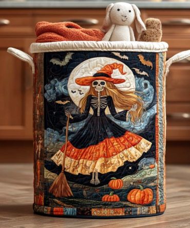 Broomstick Ride Quilted Laundry Basket - Witchy-Themed Fabric Storage Hamper With Handles, Large Foldable Organizer For Seasonal Decor & Everyday Use, Washable