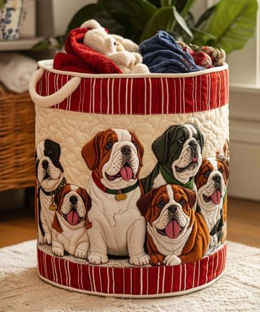 Bulldog Chill Zone Quilted Laundry Hamper — Cozy Dog-Print Fabric Basket With Handles, Collapsible Storage For Bedrooms & Pet Areas
