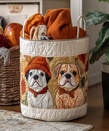 Bulldog Cozy Mood Quilted Laundry Hamper — Playful Bulldog Print Fabric Basket With Handles, Foldable Storage For Pet Lovers & Bedrooms