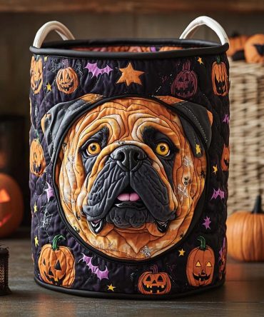 Bulldog Night Quilted Laundry Hamper - Dark Bulldog Print Collapsible Washable Storage Basket For Bedroom, Dorm & Pet Lovers