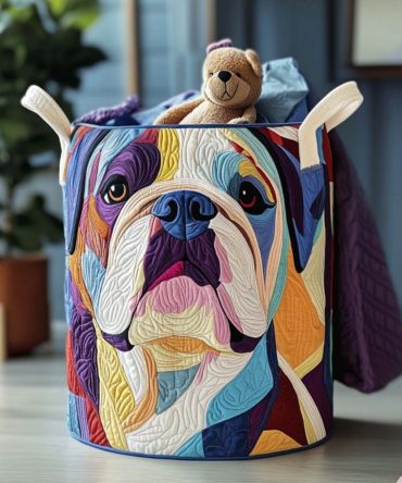 Bulldog Snuggle Quilted Laundry Hamper - Playful Dog-Themed Quilted Basket, Collapsible Durable Hamper For Pet Lovers & Kids