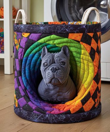 Bulldog Spiral Stone Quilted Laundry Hamper — Neutral Dog-Print Storage Basket, Foldable Cotton, Sturdy Handles, Stylish Organizer
