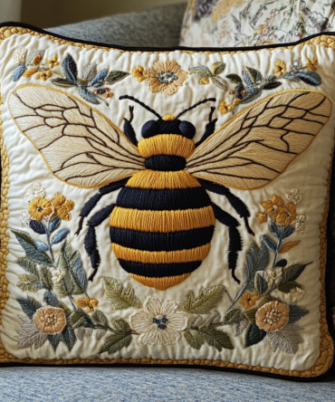 Bumble Bee Bloom Quilted Pillow Cover — Cheerful Floral & Bee Throw Pillowcase For Bright, Garden-Inspired Home Decor