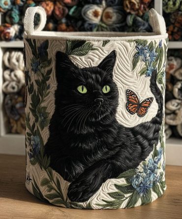 Butterflies & Paws Quilted Storage Basket — Elegant Floral-Butterfly Print, Foldable Laundry Hamper For Nursery & Home