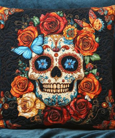 Butterfly Skull Bloom Quilted Pillow Cover — Edgy Floral Skull Design Decorative Sham For Goth, Boho & Alternative Home Styling With Luxe Texture