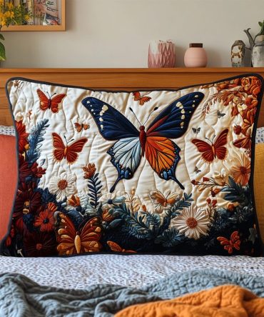 Butterfly Bliss Quilted Floral Pillow Cover — Colorful Butterfly Throw Pillow Case, Garden-Inspired Decorative Accent, Soft Cotton Blend For Bedroom & Porch