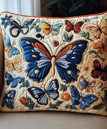 Butterfly Bliss Quilted Decorative Pillow Cover - Elegant Butterfly Floral Throw Pillowcase, Quilted Soft Microfiber Accent For Bedroom & Living Room