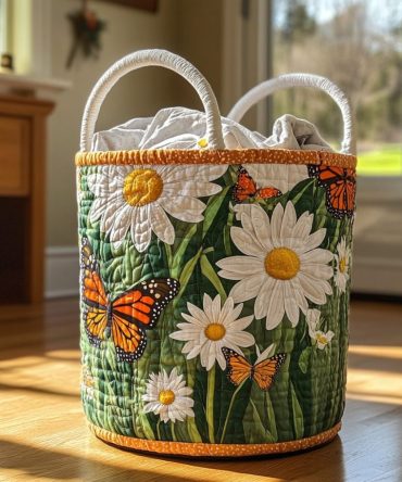 Butterfly Bloom Quilted Laundry Hamper — Charming Floral Fabric Basket, Large Collapsible Washable Hamper With Handles For Kids & Nursery