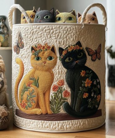 Deluxe Quilted Laundry Hamper — Butterfly Chase Motif , Foldable Decorative Basket With Handles, Soft Fabric & Machine-Care Friendly