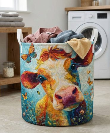 Decorative Quilted Laundry Hamper With Butterfly Cow Meadow Pattern — Large Washable Cotton Storage Basket, Collapsible & Sturdy