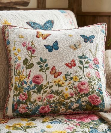 Butterfly Garden Quilted Throw Pillow Cover — Whimsical Floral & Butterfly Accent For Nursery, Bedroom, Patio, Lightweight & Washable