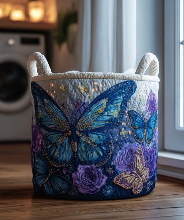 Butterfly Petal Quilted Laundry Hamper — Foldable Decorative Laundry Basket With Handles, Floral Nursery & Bedroom Organizer