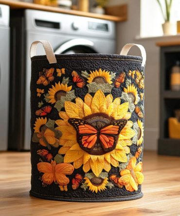 Butterfly & Sunflower Quilted Laundry Hamper — Collapsible Decorative Fabric Basket With Sturdy Handles, Lightweight Foldable Home Storage