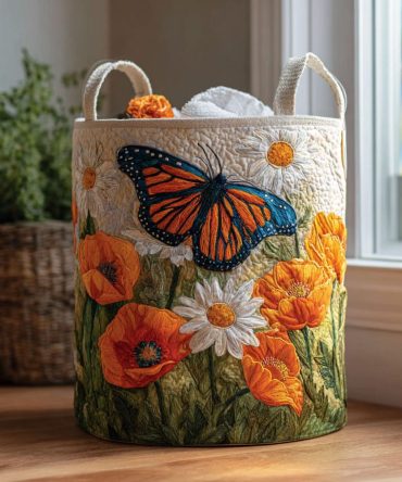 Charming Butterfly Quilted Laundry Hamper — Decorative Collapsible Basket With Reinforced Handles, Large Capacity For Bedroom & Nursery