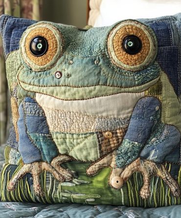 Charming Quilted Throw Pillow Cover With Button Eye Frog Design — Soft Cotton-Blend Decorative Pillow Cover For Sofa & Bedroom