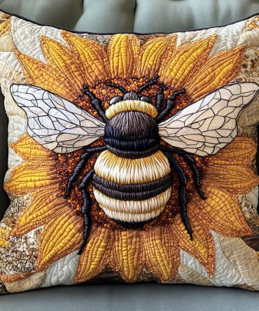 Buzzing Beauty Quilted Pillow Cover - Decorative Bee & Blossom Pillowcase For Sofa, Bed & Charming Cottage Style