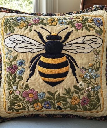Buzzing Flower Quilted Pillow Cover — Playful Bee & Flower Throw Pillowcase To Brighten Your Sofa, Porch, Or Bedroom
