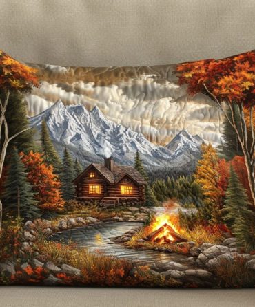 Cabin Campfire Mountains Quilted Pillowcase — Scenic Rustic Sham, Durable Cotton-Blend Accent For Lodge, Cabin & Outdoor-Inspired Bedrooms