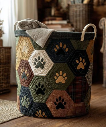 Cabin Comfort Paws Quilted Laundry Hamper — Cozy Cabin Paw Pattern, Foldable Padded Fabric Basket With Handles & Machine-Washable Liner
