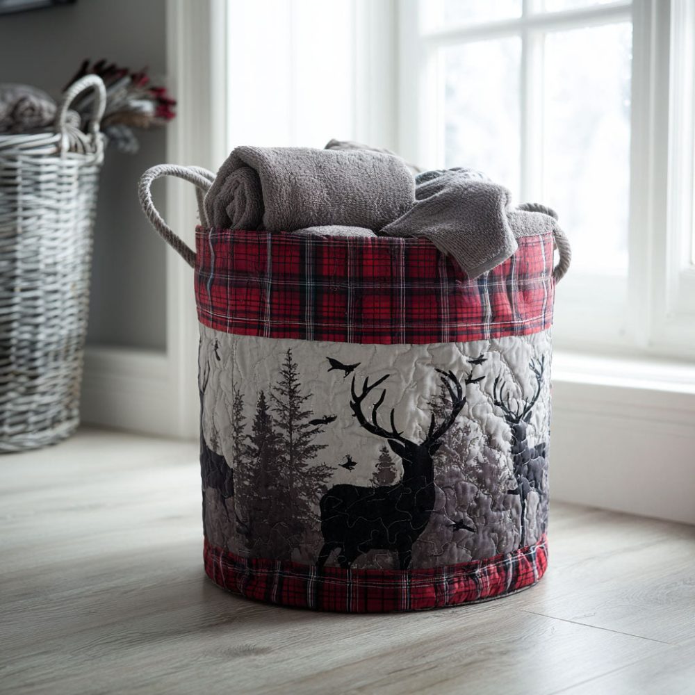 Cabin Heritage Plaid Quilted Laundry Hamper — Classic Plaid Fabric Storage Basket, Foldable Cozy Cabin Laundry Organizer