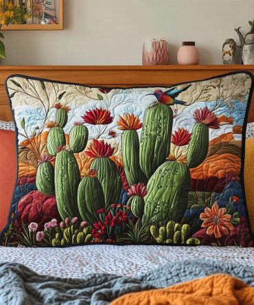 Cactus Haven Quilted Pillow Cover, Desert Botanical Design, Boho Southwestern Accent Sham, Cotton-Blend, Reversible Look, Machine Washable