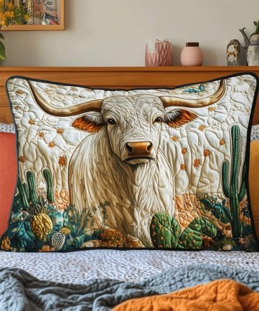 Southwest Flair Quilted Pillow Cover — Cactus Longhorn Decorative Throw Pillowcase, Rustic Desert Motif For Western & Boho Interiors