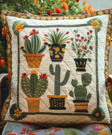 Cactus Lover Quilted Pillow Cover — Playful Green Cactus Throw Pillowcase, Durable Quilted Decorative Accent