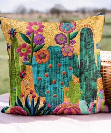 Cactus Sunrise Symphony Quilted Pillow Cover — Desert Floral Cactus Print Cushion Case In Vibrant Sunrise Hues For Boho & Southwestern Decor, Hidden Zipper, Machine-Washable