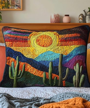 Southwest Cactus Sunset Quilted Pillowcase — Warm Desert Motif Decorative Sham, Durable Cotton-Blend Accent For Cozy Interiors