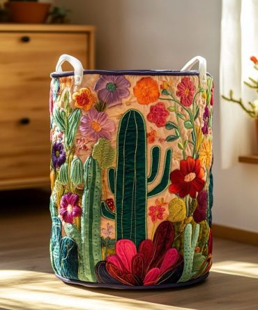 Cactus Bloom Quilted Laundry Hamper – Decorative Collapsible Fabric Basket, Large Lightweight Laundry Organizer For Home & Dorm