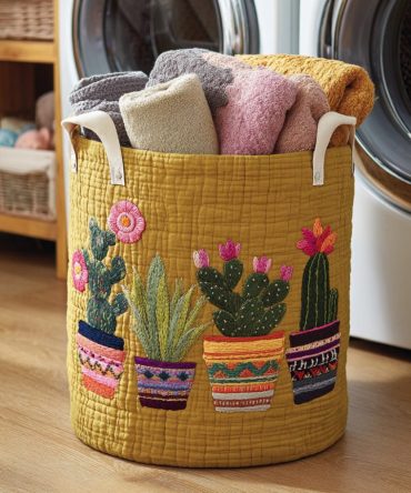 Boho Cactus Bloom Quilted Laundry Hamper - Floral Desert Fabric Basket, Foldable Large Capacity Laundry Organizer For Home & Dorm