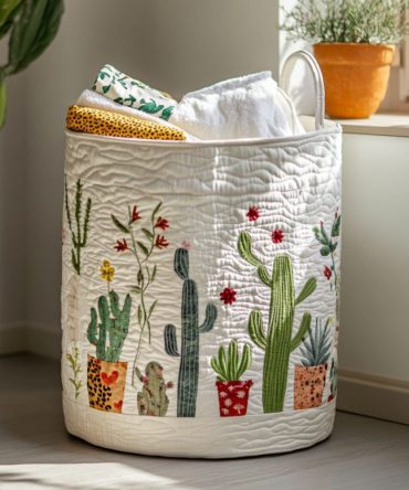 Cactus Bloom Quilted Laundry Basket — Southwestern Quilted Fabric Hamper, Durable Laundry Organizer With Reinforced Base, Portable & Foldable