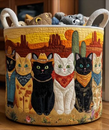Cactus Cat Quilted Laundry Basket — Whimsical Southwestern Cat Print Fabric Hamper With Handles, Collapsible & Easy-Clean Liner